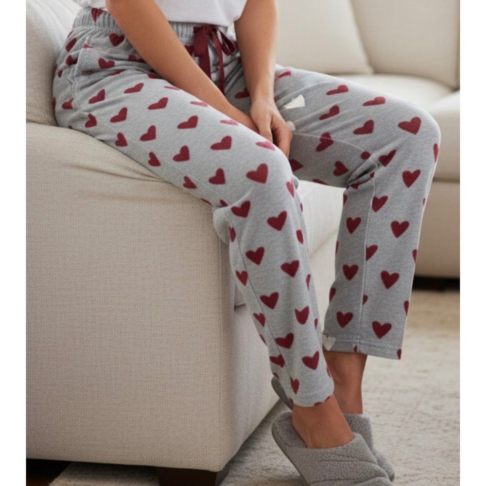 Heart PJ Pants Grey Red White Heart Print Pajama Bottoms Women Small